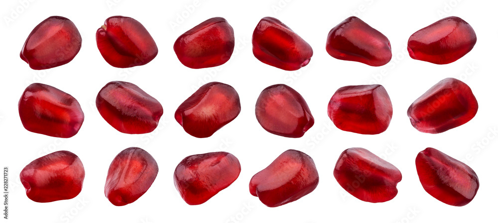 Pomegranate seeds isolated on white background, close-up. Collection