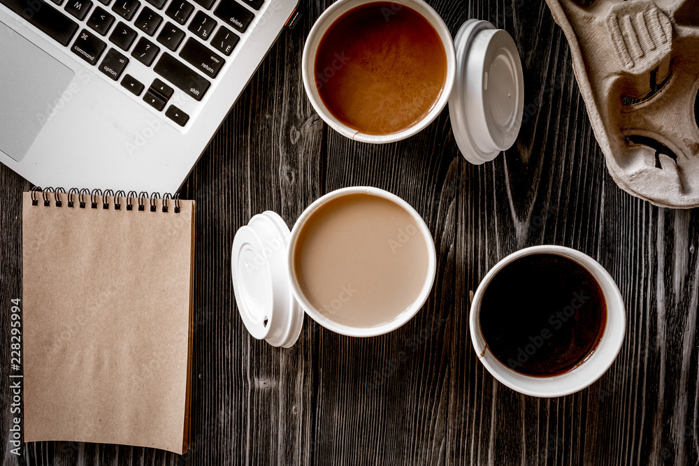 coffee break at wooden background top view