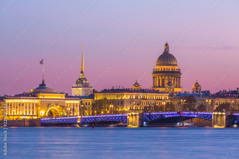 Saint Isaac cathedral and Admiralty building and Neva river at twilight Saint Petersburg, Russia.