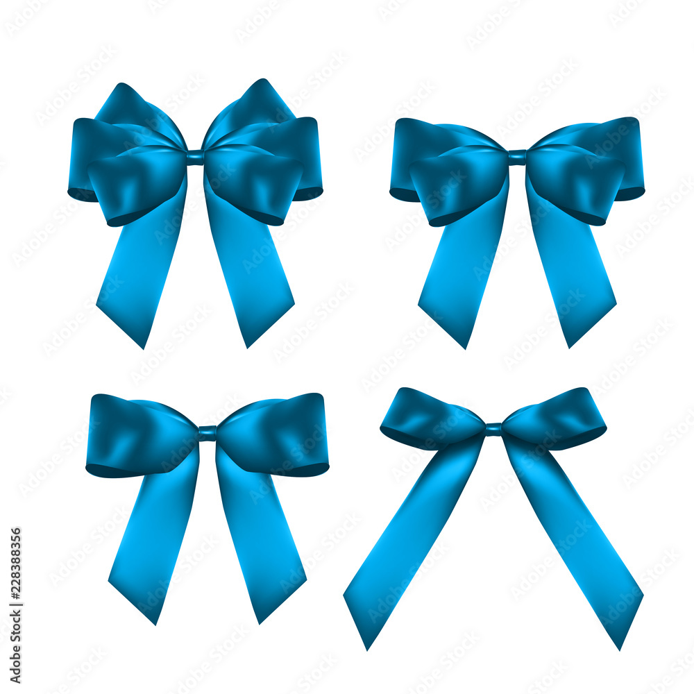 Decorative blue bow collection set. 3D Realistic Vector Illustration