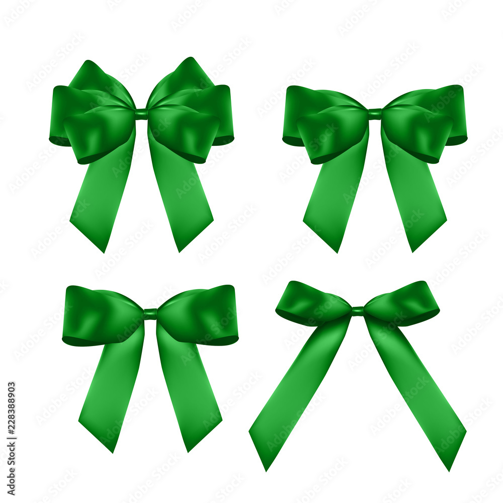 Decorative green bow collection set. 3D Realistic Vector Illustration