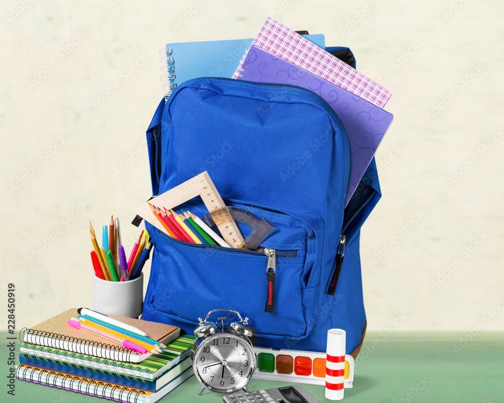 backpack for school stationery learning isolated on white