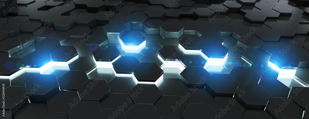 Black and blue hexagons background pattern 3D rendering