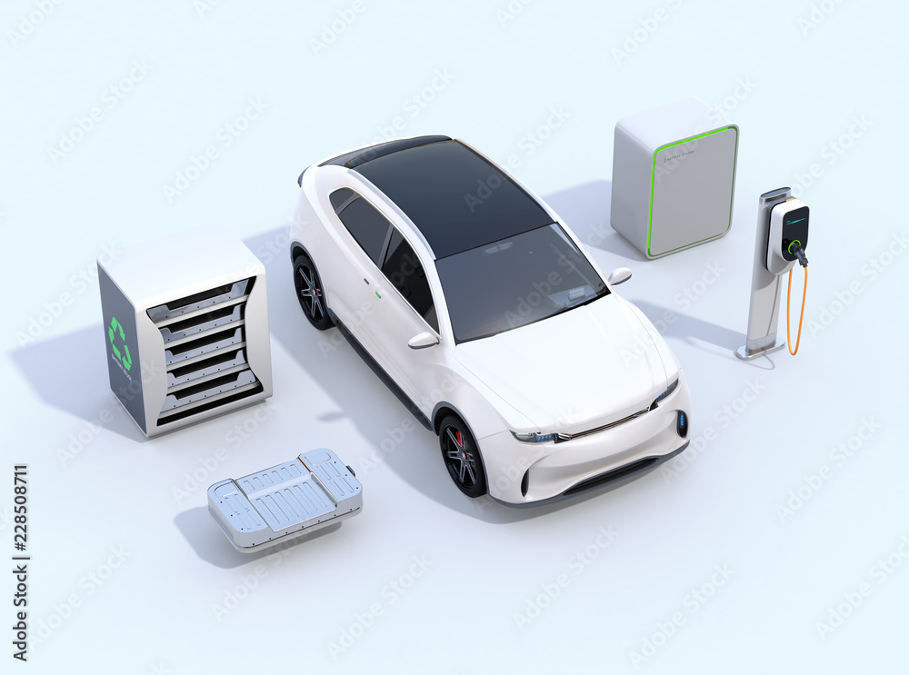 Electric vehicle, Charging station, EV battery and reused EV batteries power supply system on white 