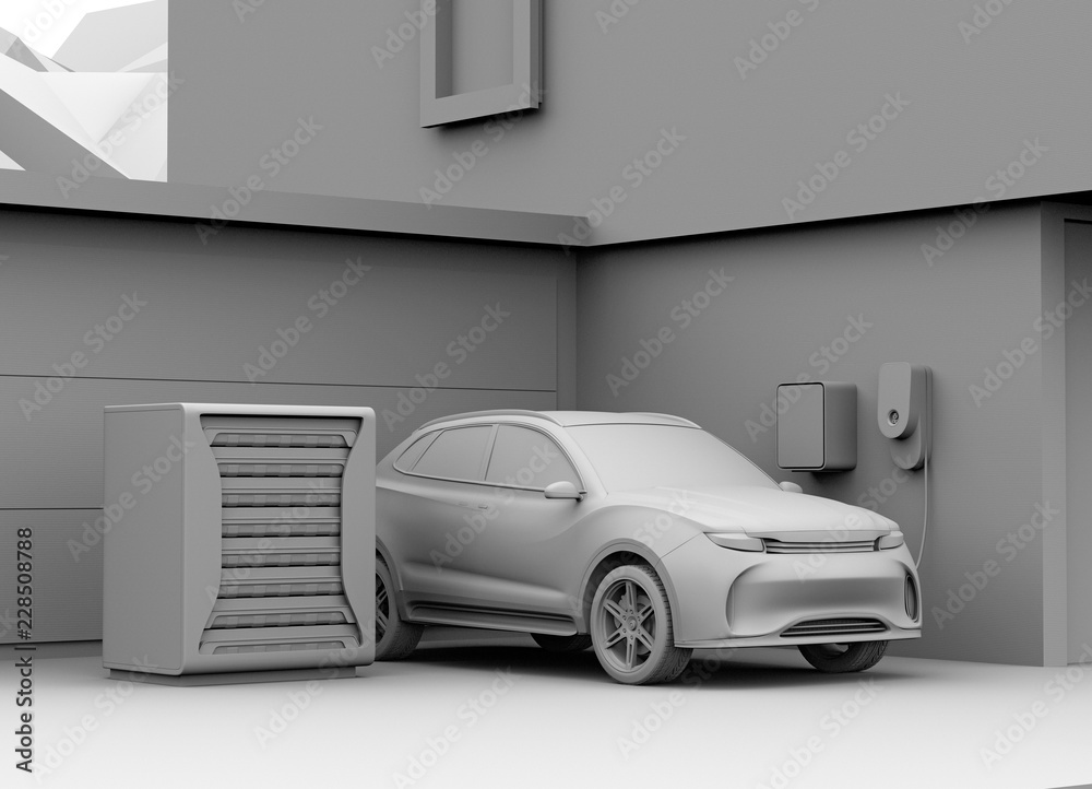 Clay rendering of electric vehicle recharging in garage. Charging station powered by reused EV batte