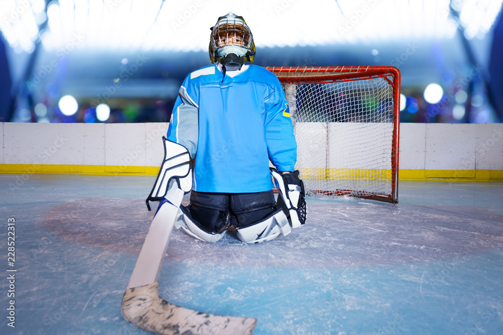 Young ice hockey goalie protecting the net