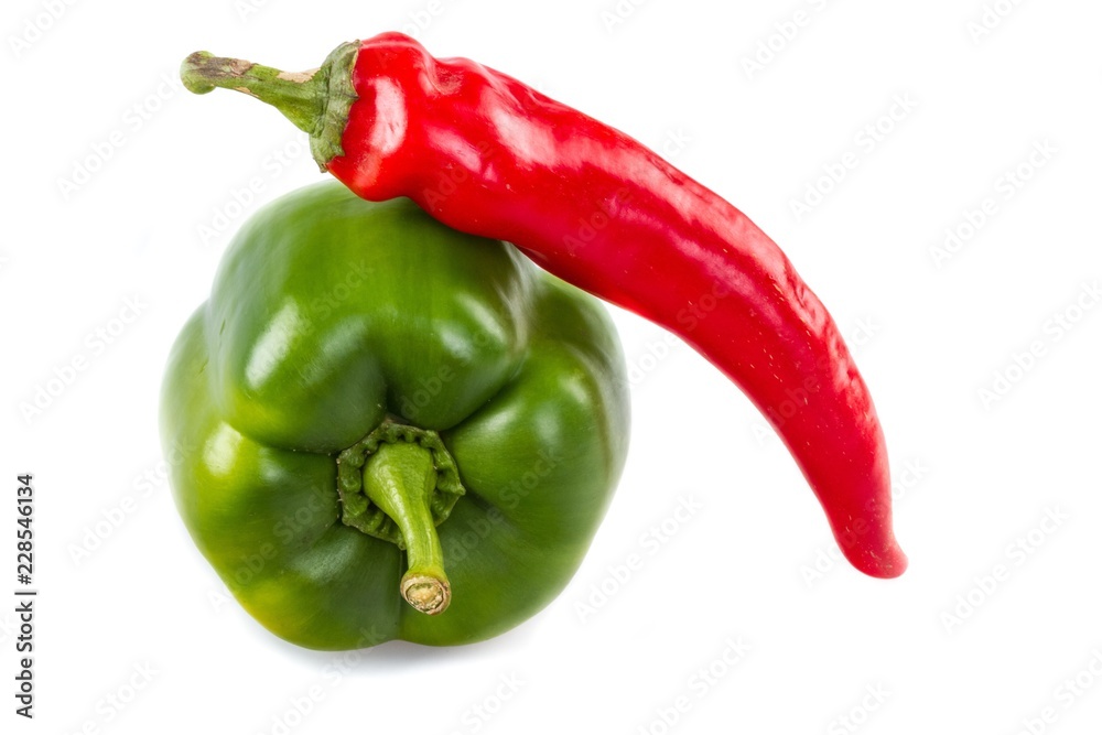 Green bell pepper and red chili pepper