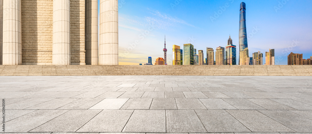 City square floor and modern commercial building scenery in Shanghai