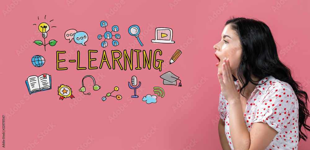 E-Learning with young woman speaking on a pink background