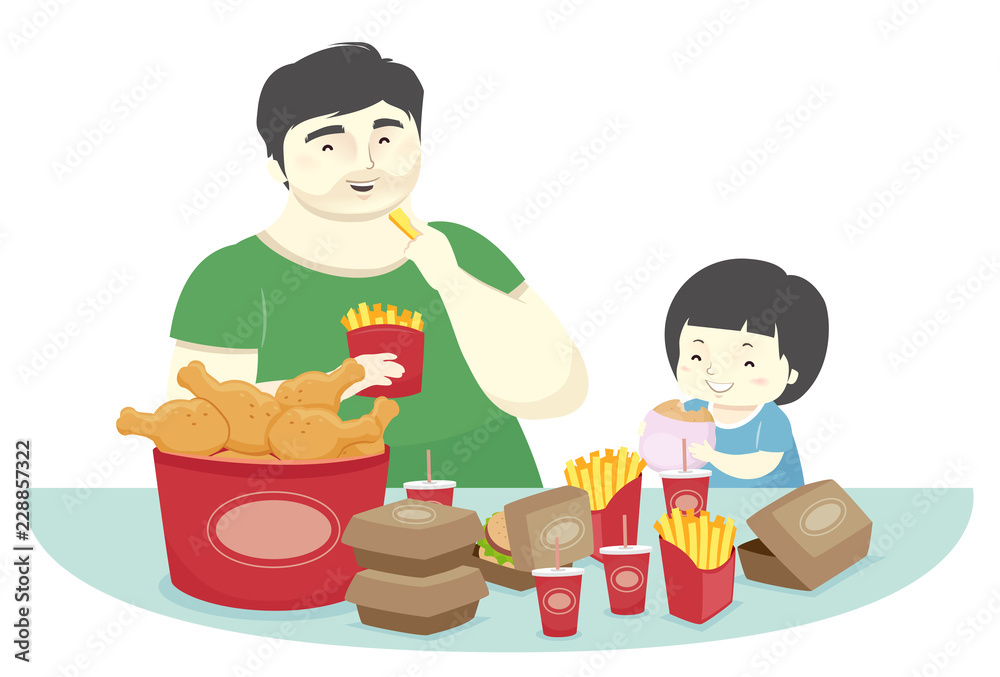 Kid Boy Father Fast Food Dinner Illustration