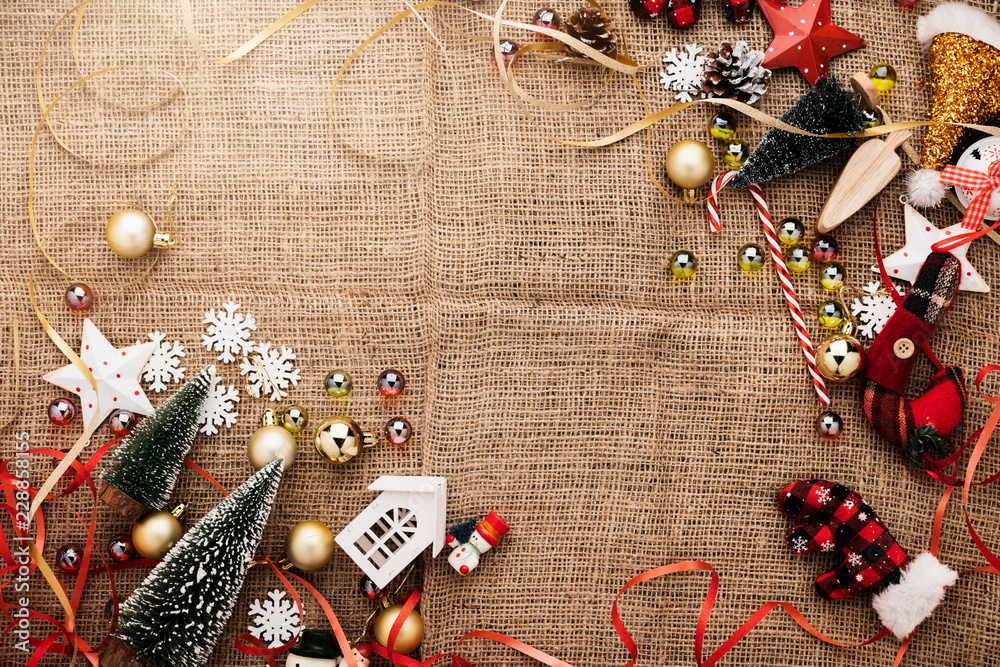 festive celebration background with christmas decorating items on old vintage rattan floor with free