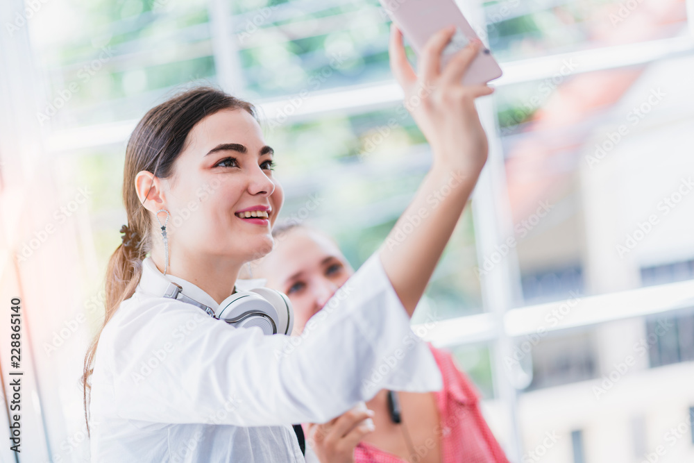 beautiful caucasian woman enjoy holiday and take salfie together with happiness and joyful