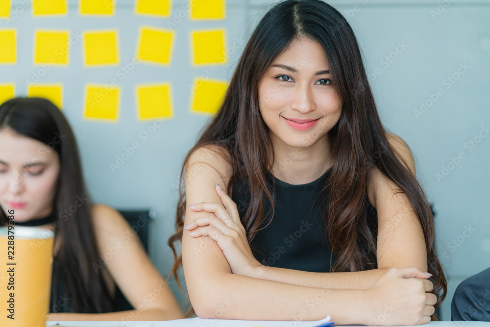 beautiful smart business asian woman smile with confident in black dress office background