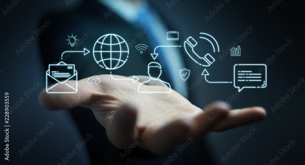 Businessman using thin line social network icons interface