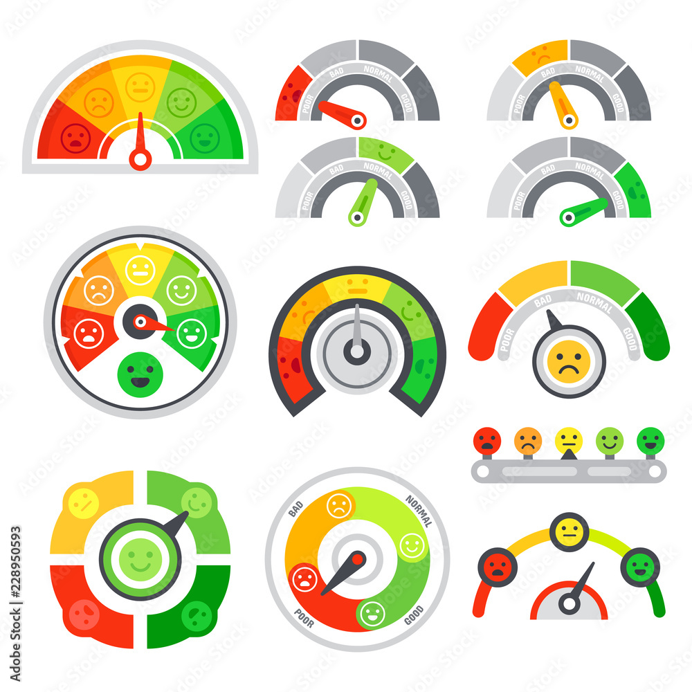 满意度评分表。质量速度表、商品等级指示器和情绪图评分。颜色