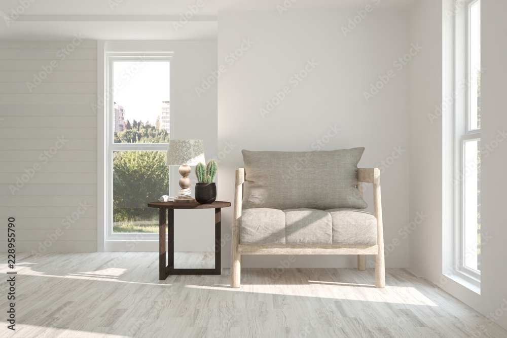 Inspiration of white minimalist room with armchair. Scandinavian interior design. 3D illustration