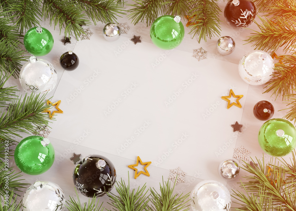 Christmas card mockup with green baubles 3D rendering