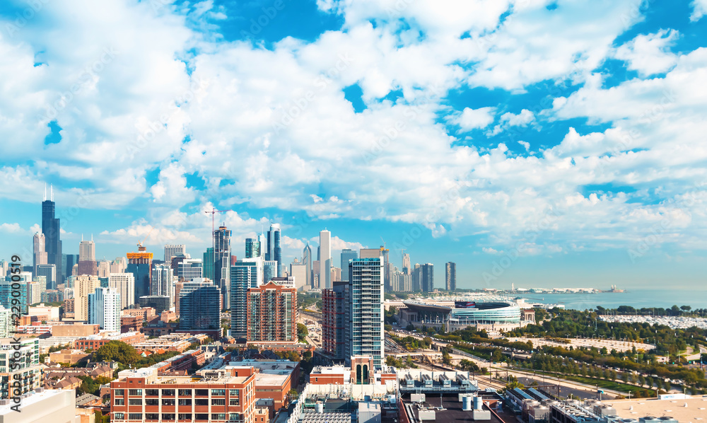 Chicago skyscrapers skyline with puffy white clouds