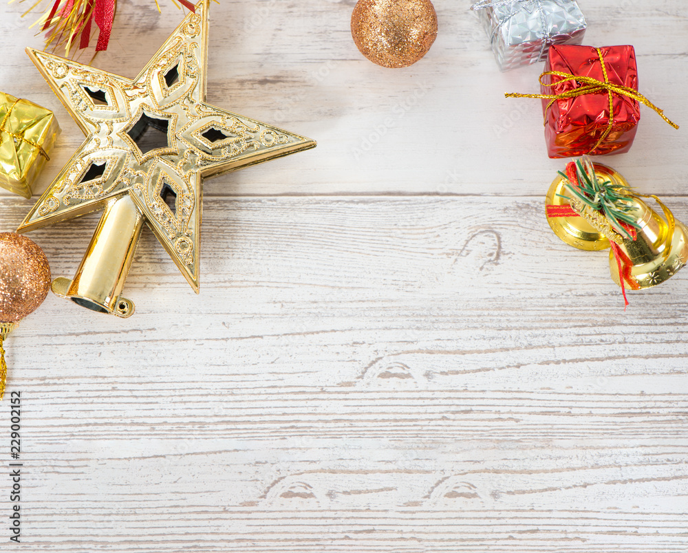 Beautiful Christmas composition and decoration on light wooden background, flat lay, top view, copy 