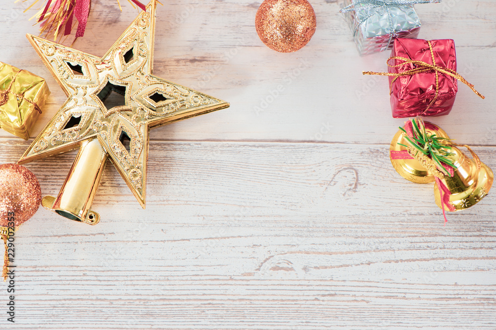 Beautiful Christmas composition and decoration on light wooden background, flat lay, top view, copy 