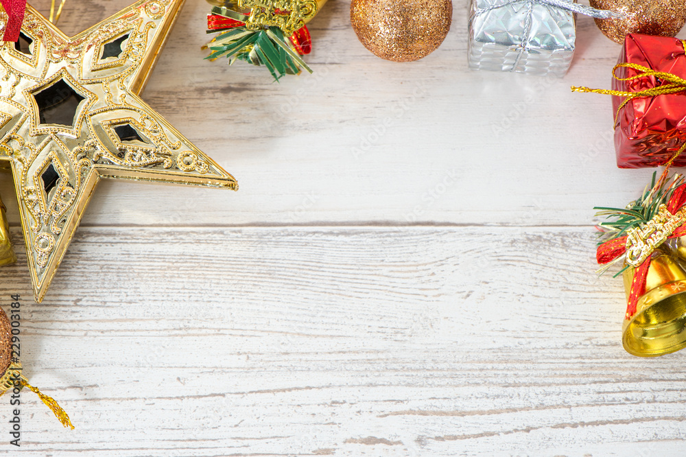 Beautiful Christmas composition and decoration on light wooden background, flat lay, top view, copy 