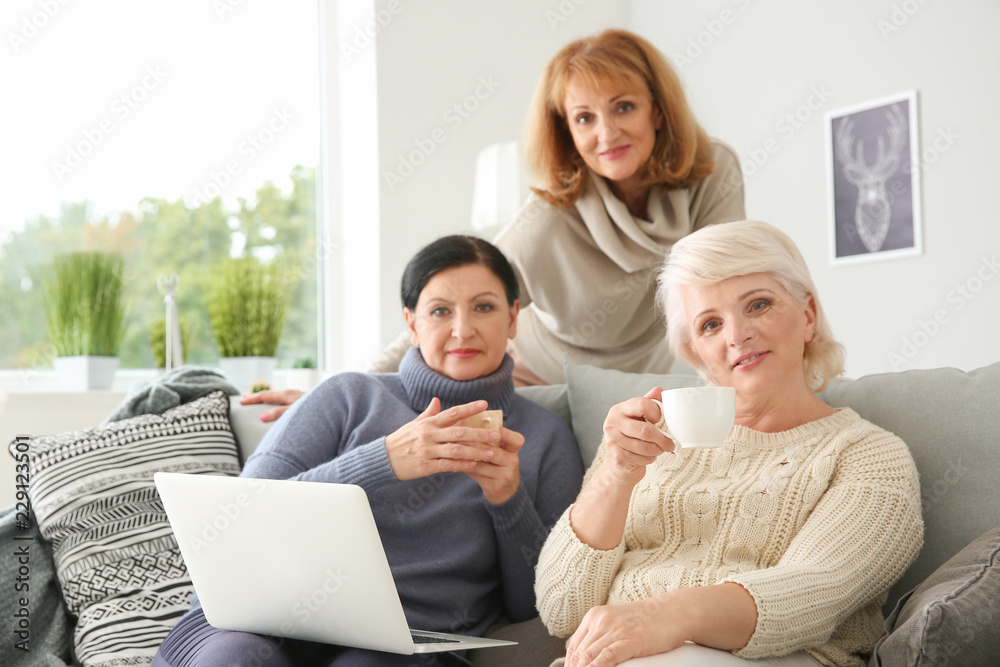 Beautiful mature women drinking coffee while using laptop at home