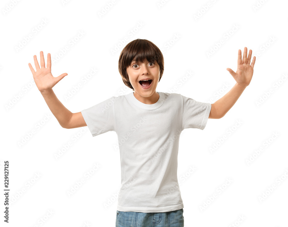 Happy little boy in t-shirt on white background