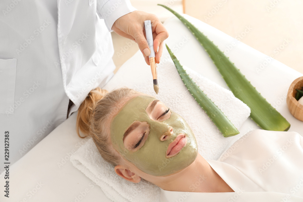 Cosmetologist applying mask with aloe vera extract onto face of young woman in beauty salon