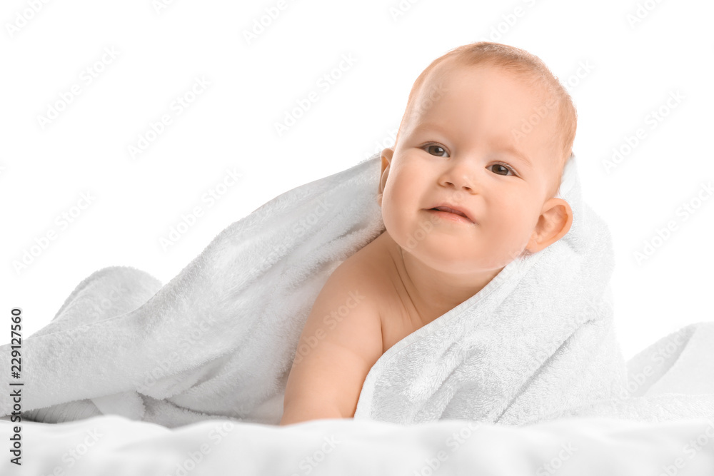 Cute little baby with soft towel on white background