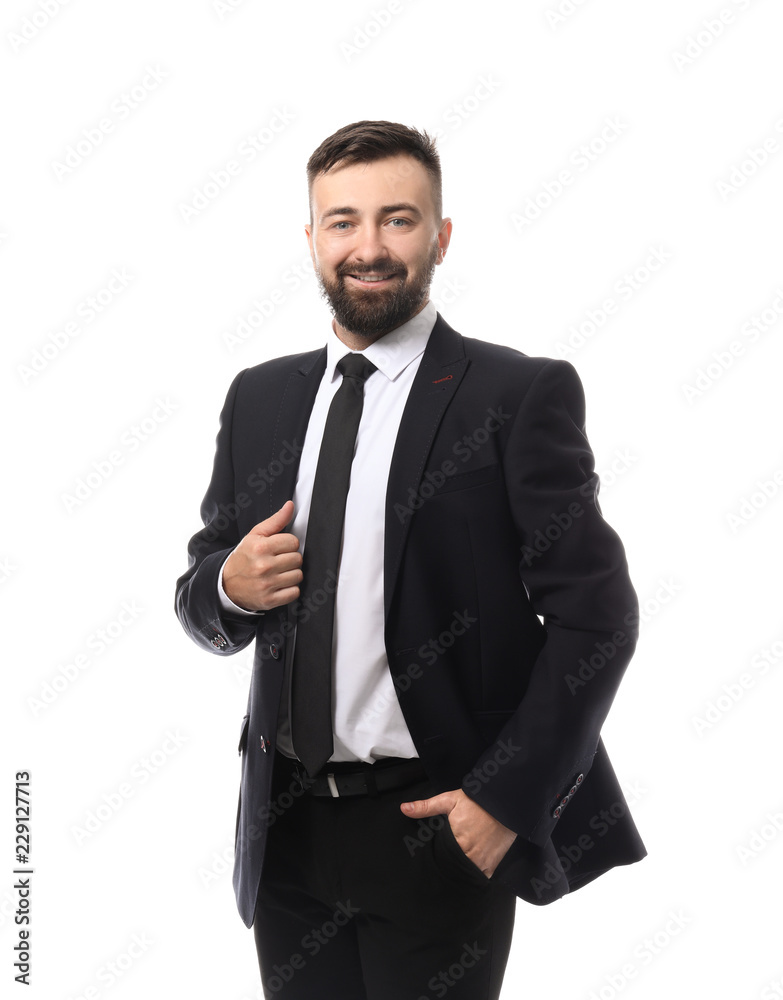 Confident businessman on white background