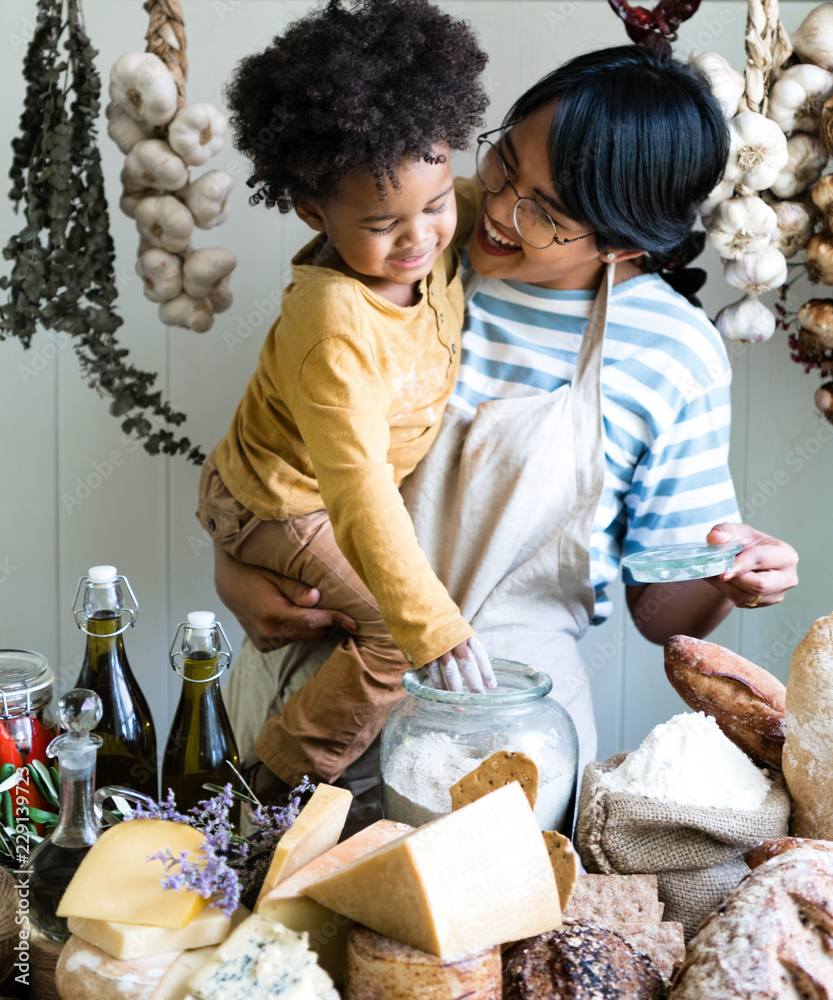 Woman and son in a cheese shop