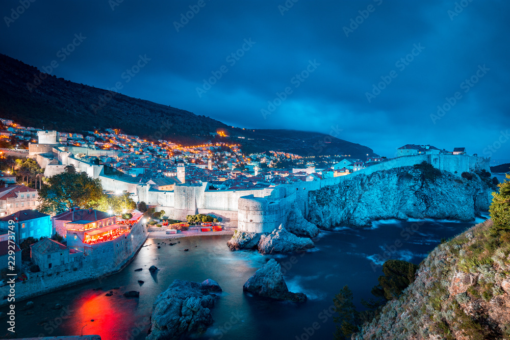 Historic town of Dubrovnik at twilight, Dalmatia, Croatia