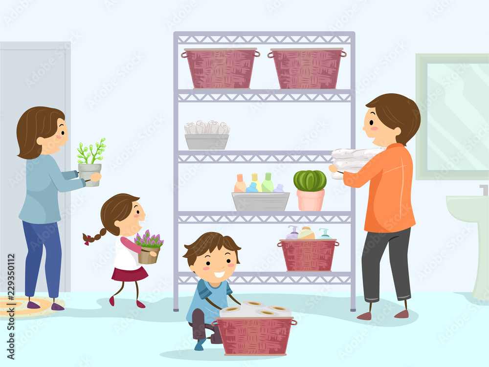 Stickman Family Organize Bathroom Illustration