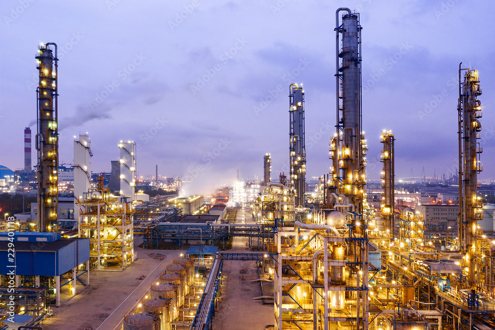 Oil and gas industrial,Oil refinery plant form industry at night