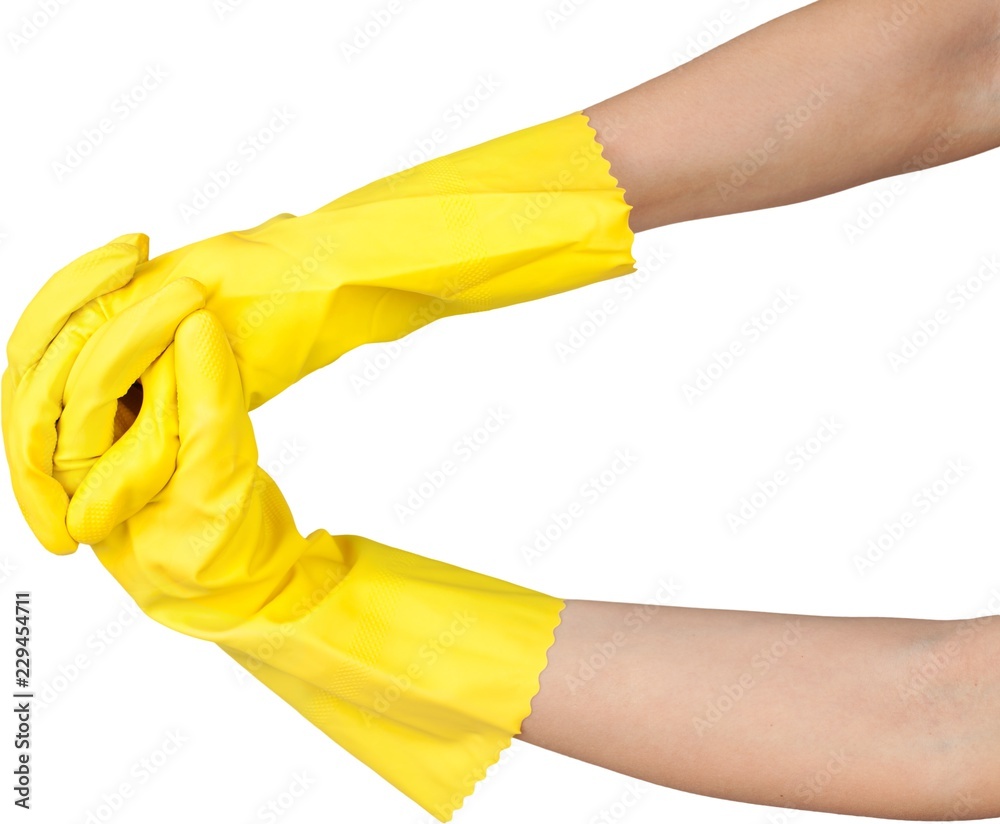 hand doing hand gestures while wearing a rubber gloves