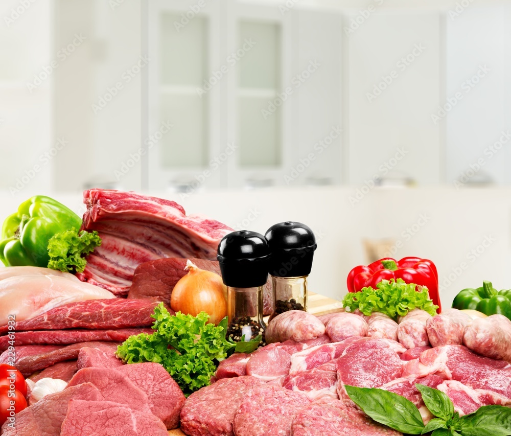 Fresh Raw Meat Background with vegetables