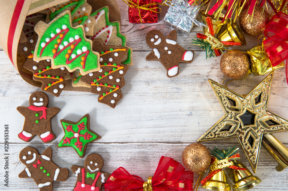 Beautiful Christmas composition and decoration with baked Christmas gingerbread cookies in paper bag