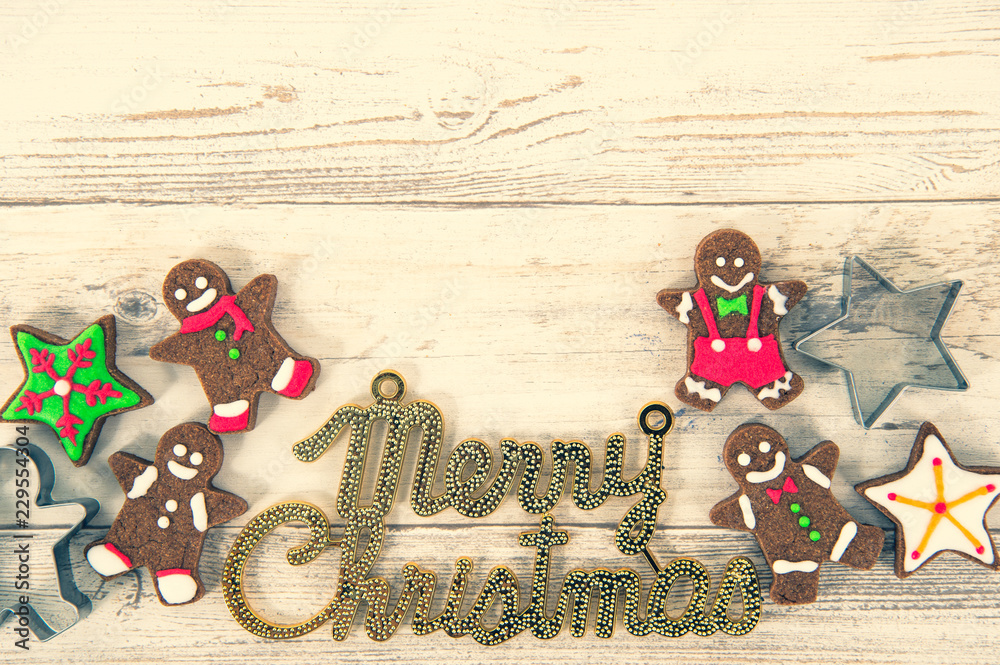 Beautiful Christmas composition and decoration with baked Christmas gingerbread cookies in paper bag