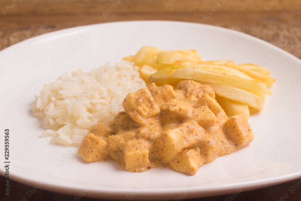 Vegan Stroganoff with Palm Heart, rice and fries