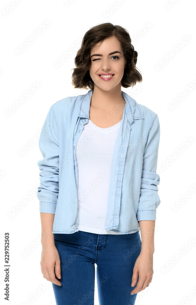 Portrait of beautiful young woman on white background