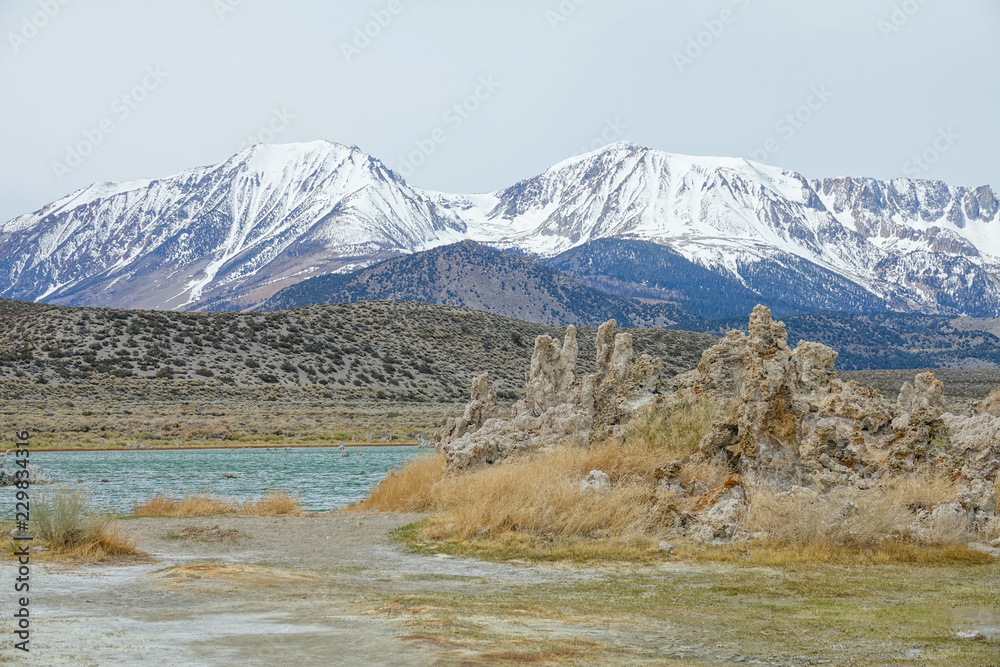 雪峰为迷人的莫诺湖创造了美丽的背景。