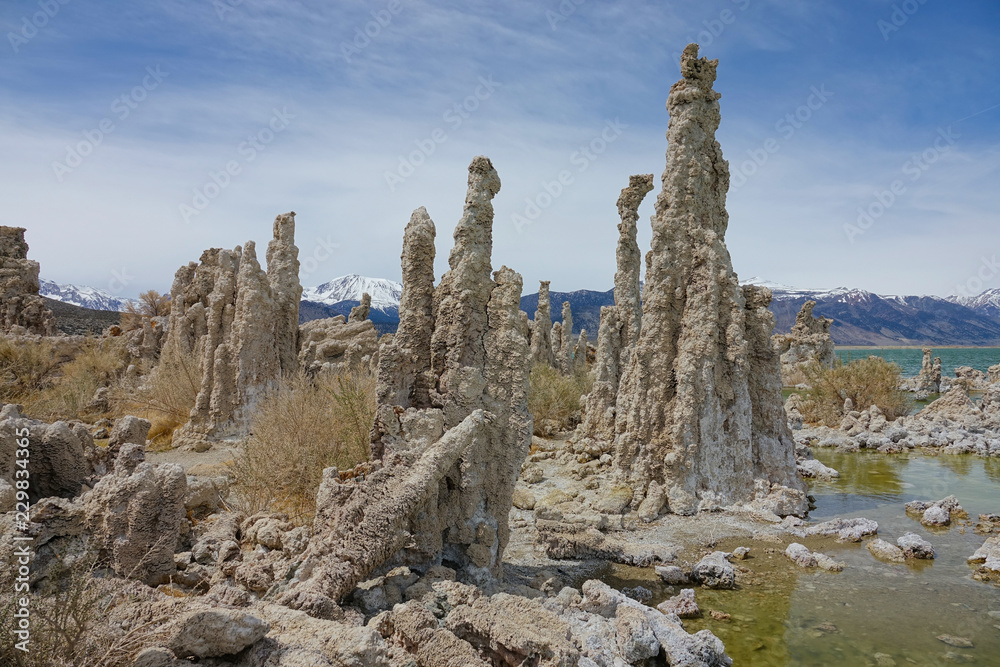 Magnificent tufa towers in California are illuminated by the warm winter sun.