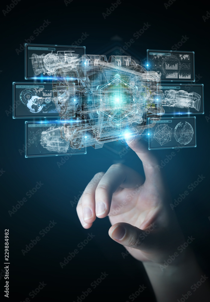 Businesswoman using wireframe holographic 3D digital projection of an engine