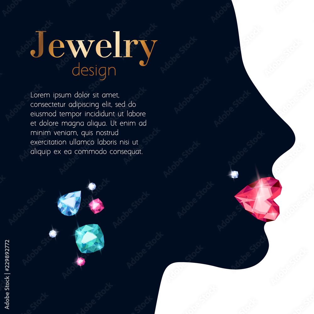 Jewelry background with gemstones and womans face profile.