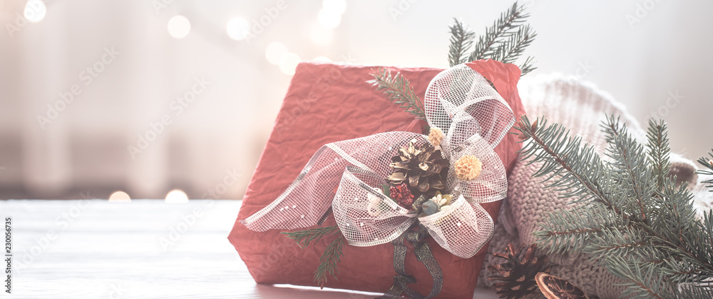 Beautiful festive Christmas red box in the living room at home