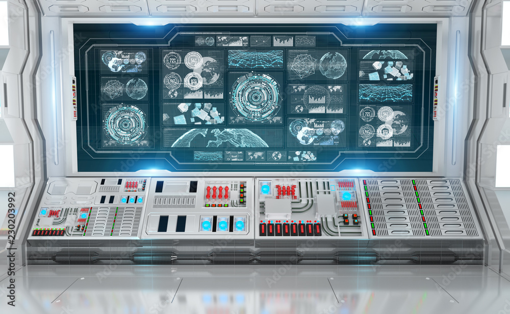 白色飞船内部，带控制面板数字屏幕3D渲染