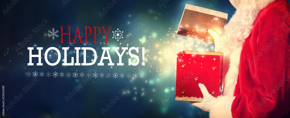 Happy holidays message with Santa opening a gift box on a shiny light background