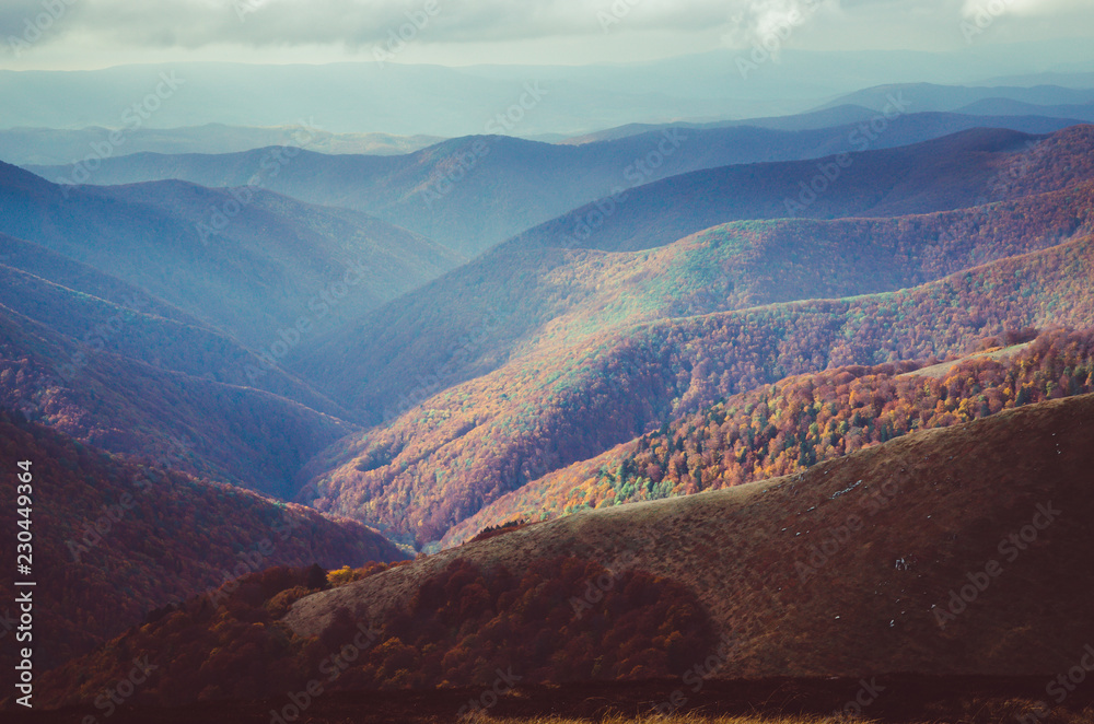 Autumn mountains in cloudly day