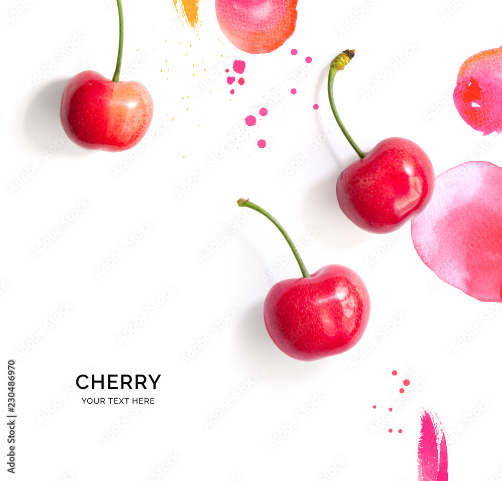 Creative layout made of cherry on the watercolor background. Flat lay. Food concept.