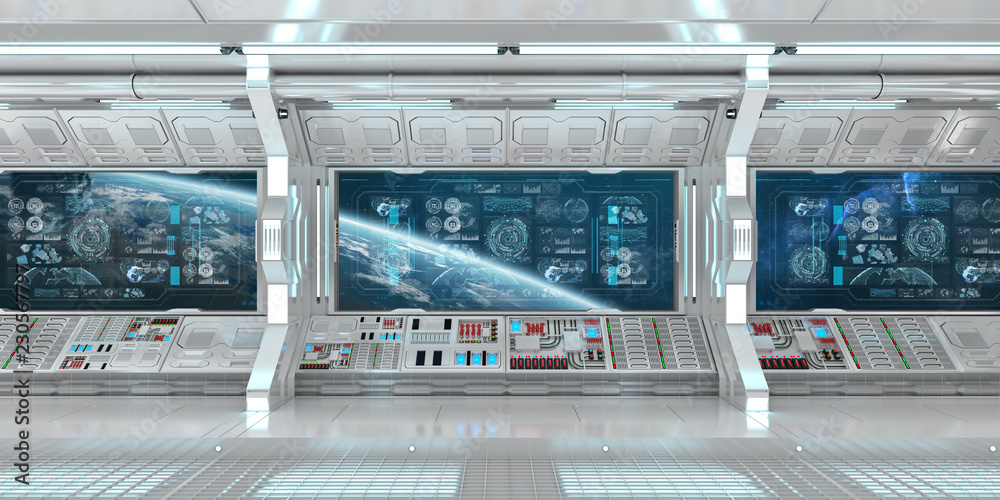 White spaceship interior with control panel digital screens 3D rendering